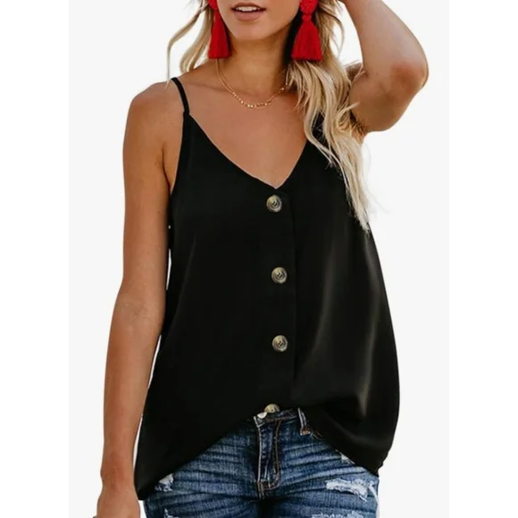 Women's V Neck Sleeveless Tank Top Black Button Down Flowy Cami Summer Blouse M - Picture 1 of 3